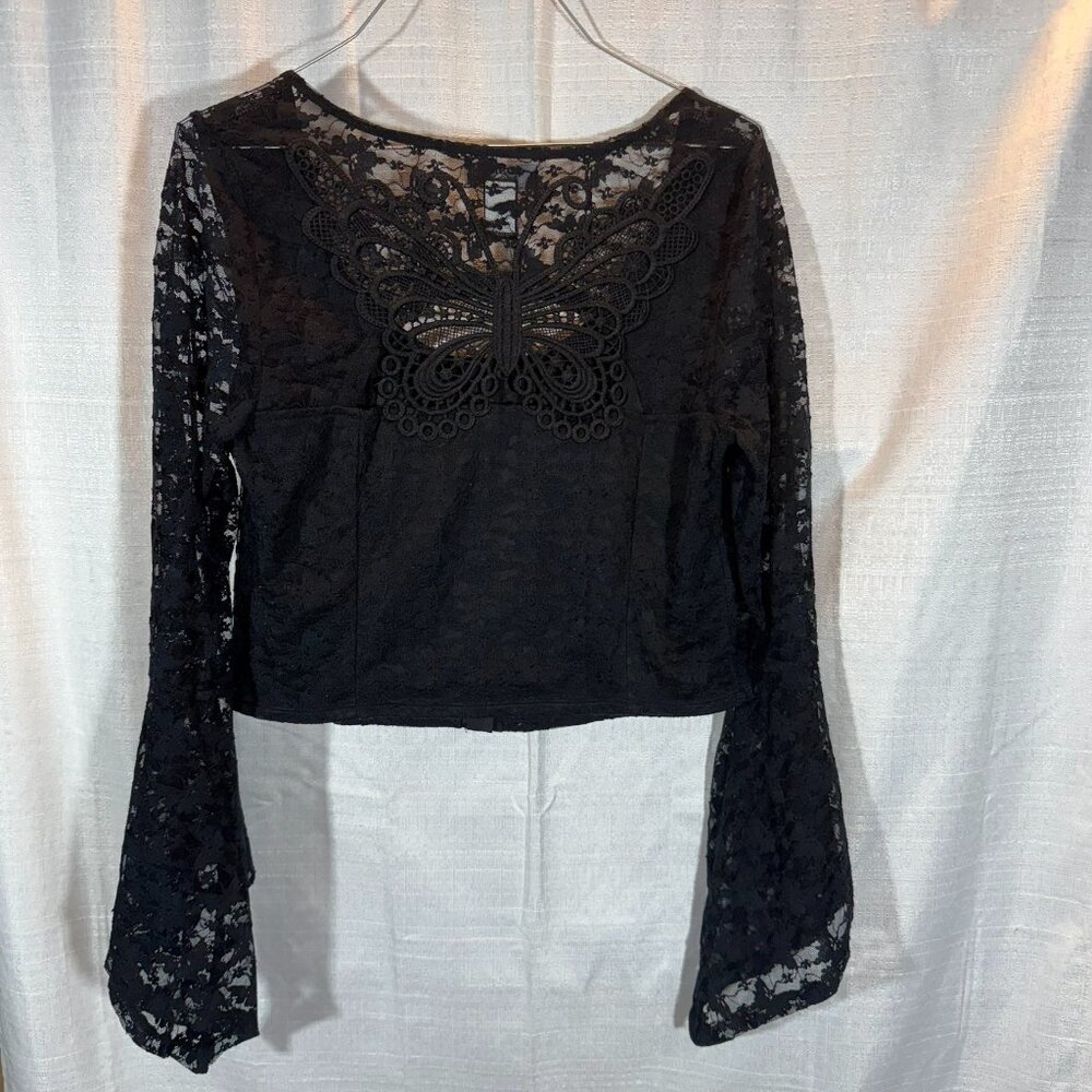 Cosmic Aura Black Butterfly Lace Bell Sleeve Crop Top - Whimsigoth/Goth - M